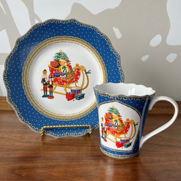 Robert Stanley Christmas Blue Mug & Plate Set | Sleigh, Bear, Nutcrackers - Picture 1 of 13